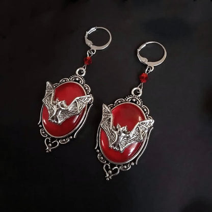 Obsidian & Ruby Halloween Bat Earrings