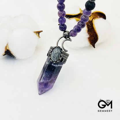 Amethyst Hexagon Prism Pendant Mala Necklace