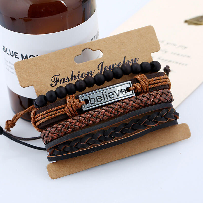 Vintage Cowhide Men's Bracelet Set Braided Leather Bracelets