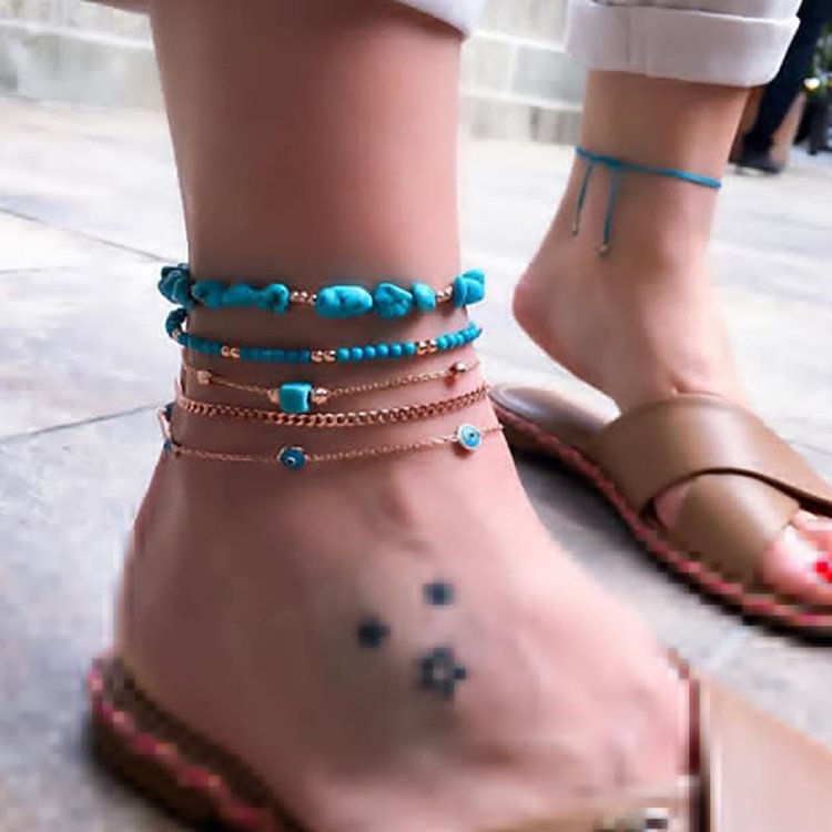 Irregular Turquoise Alloy Five Layer Beach Anklet