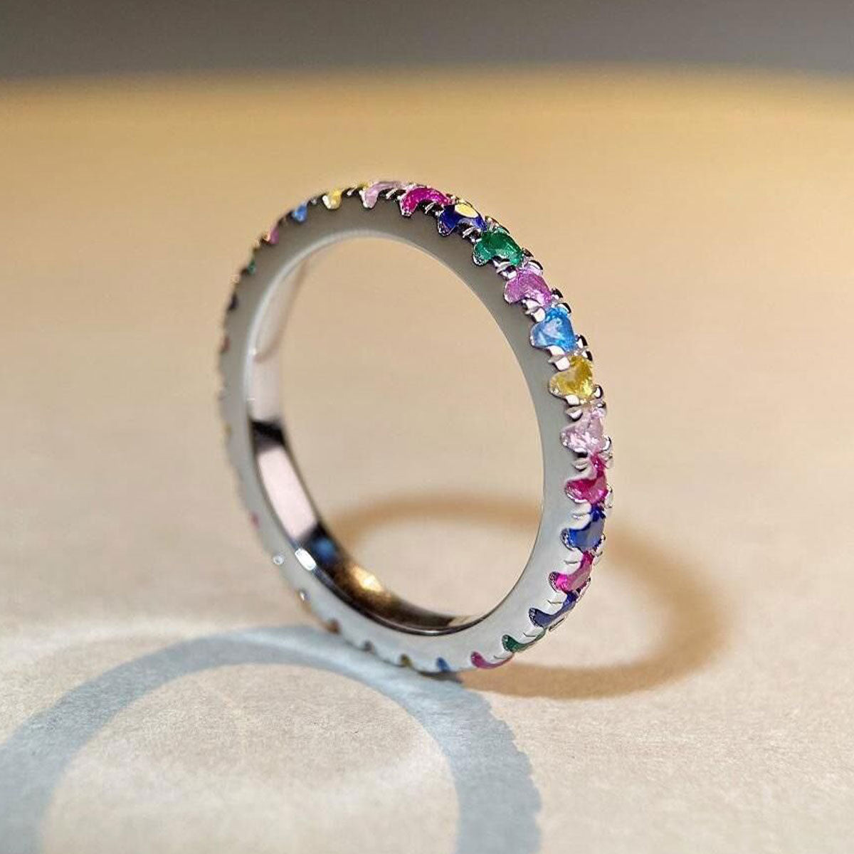 White Gold Prong Common Rainbow Stones Band Ring