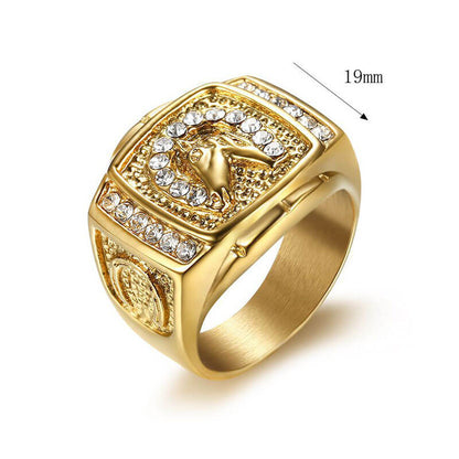 Hip-hop HIPHOP Jewelry Titanium Steel Gold-plated Inlaid Cubic Zirconia Horse Head Men's Ring