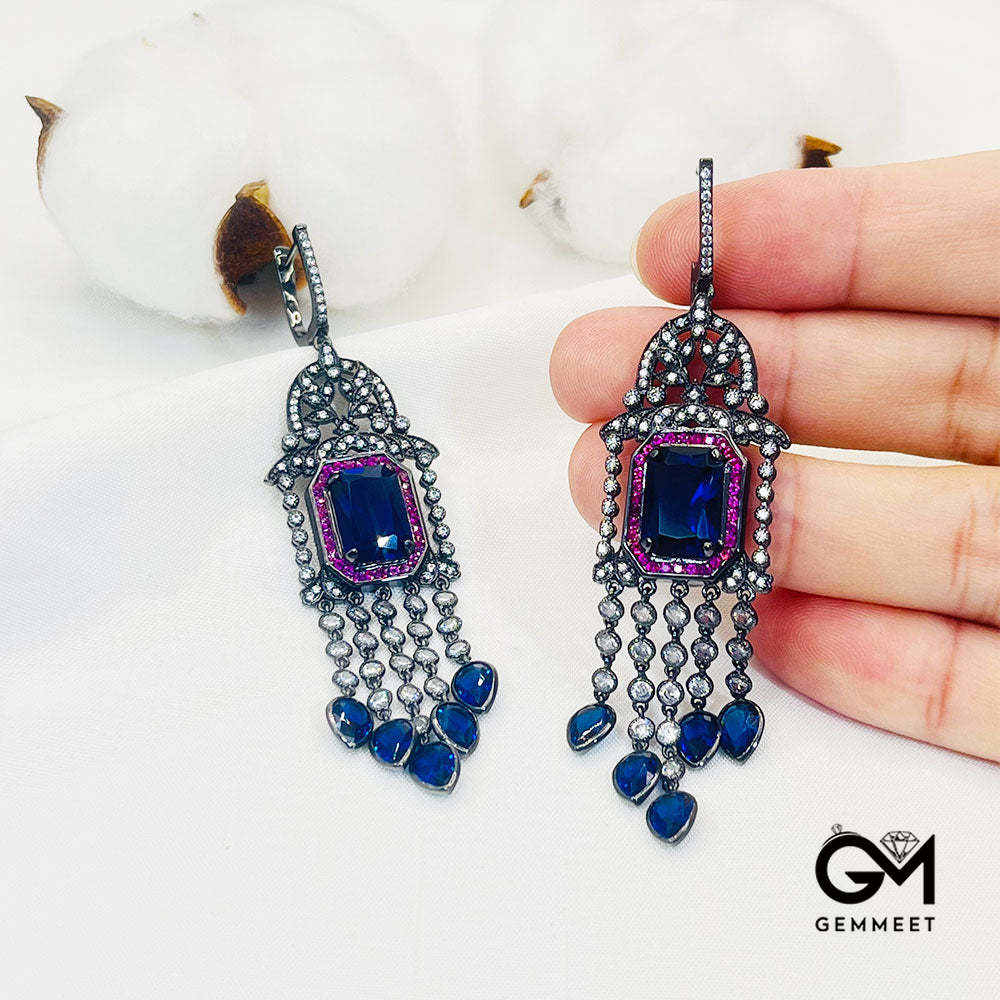 Square Hollow Blue Stone Tassel Drop Earrings