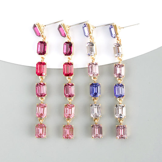 Multi-layered Rectangular Long Tassel Earrings with Colored Zircons