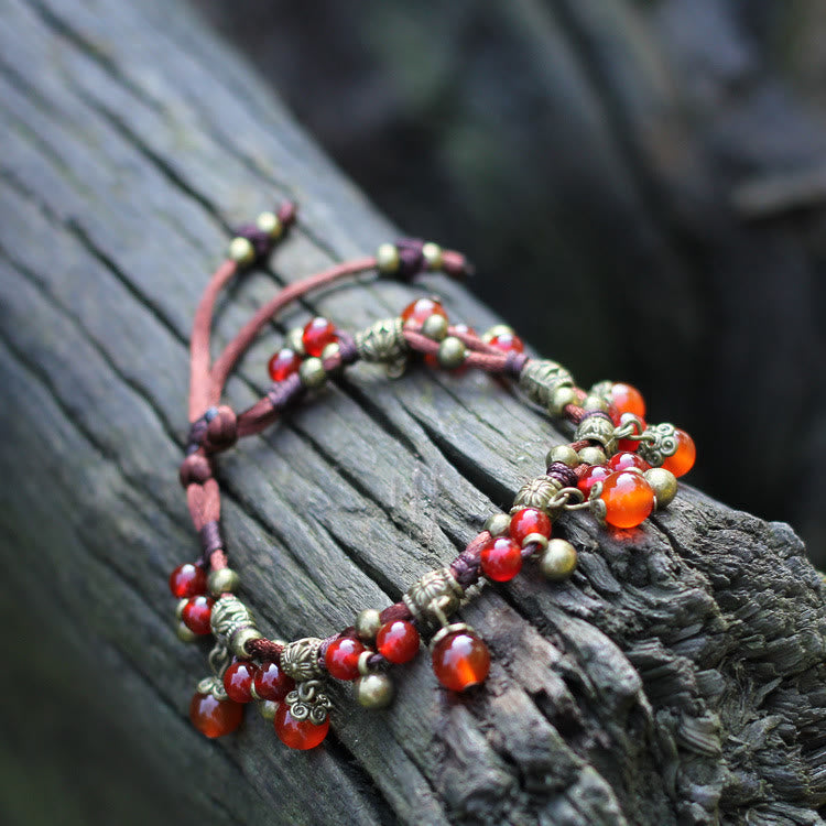 Red Agate Green Jade Woven Bead Anklet Bracelet