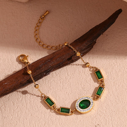 Stainless Steel Gold Plated Oval Green Zircon Bracelet