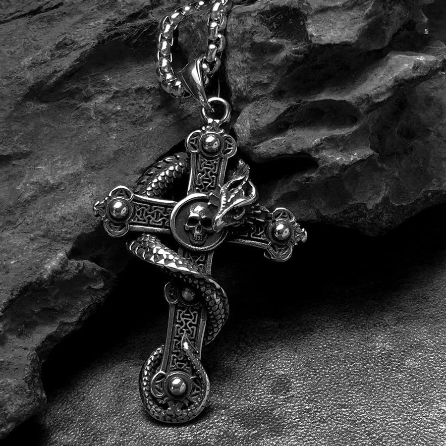 Mens Skull Dragon Cross Necklace