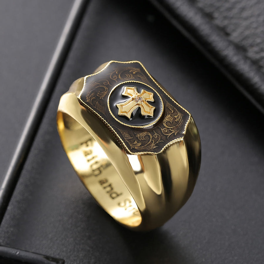 Golden Cross Black Onyx Carved Men Ring