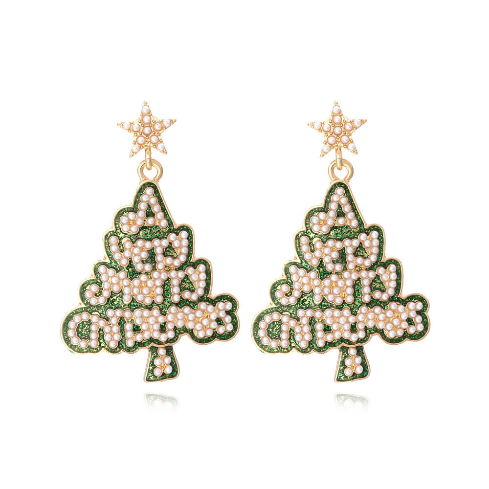 Christmas Earrings Imitation Pearl Star Alphabet Christmas Tree Earrings Fashion Alloy Oil Drip Earrings