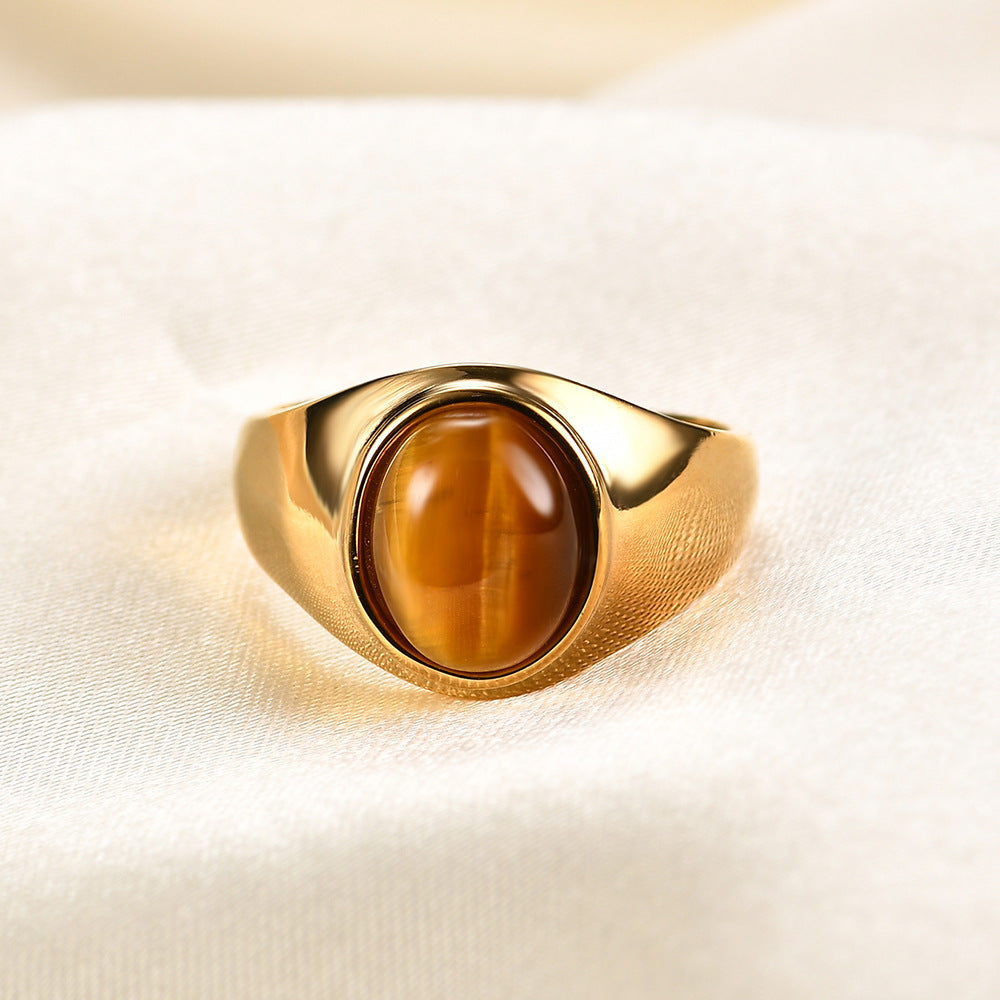 Gold Stainless Steel Oval Colored Stone Ring