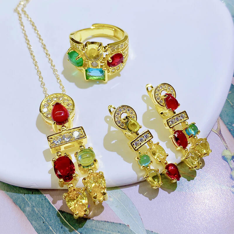 French Vintage Sparkling Cube Earrings Candy Necklace Horseshoe Rainbow Ring Jewelry Set