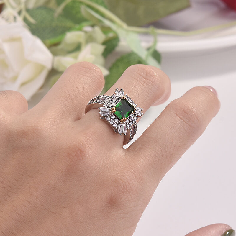 Emerald and Zirconia Square Princess Ring Micro Pave Diamond Engagement Ring