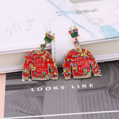 Christmas Earrings Personality Clothes Modeling Drop Oil Diamond Earrings Christmas Color Zircon Earrings