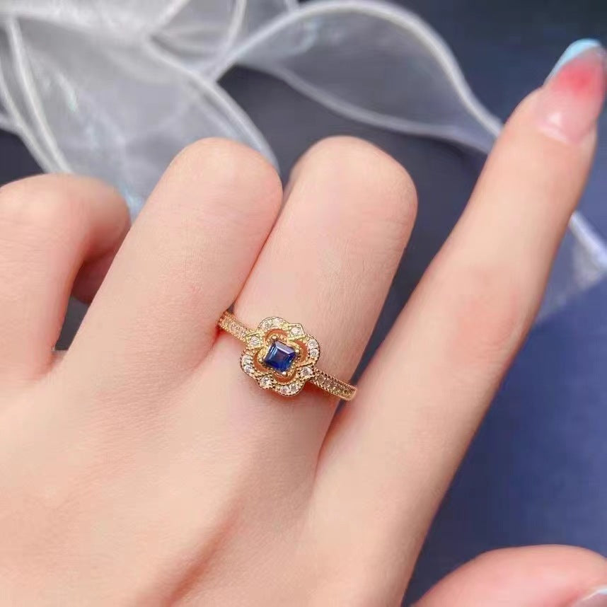 Inlaid Golden Blue Sapphire Open Ring