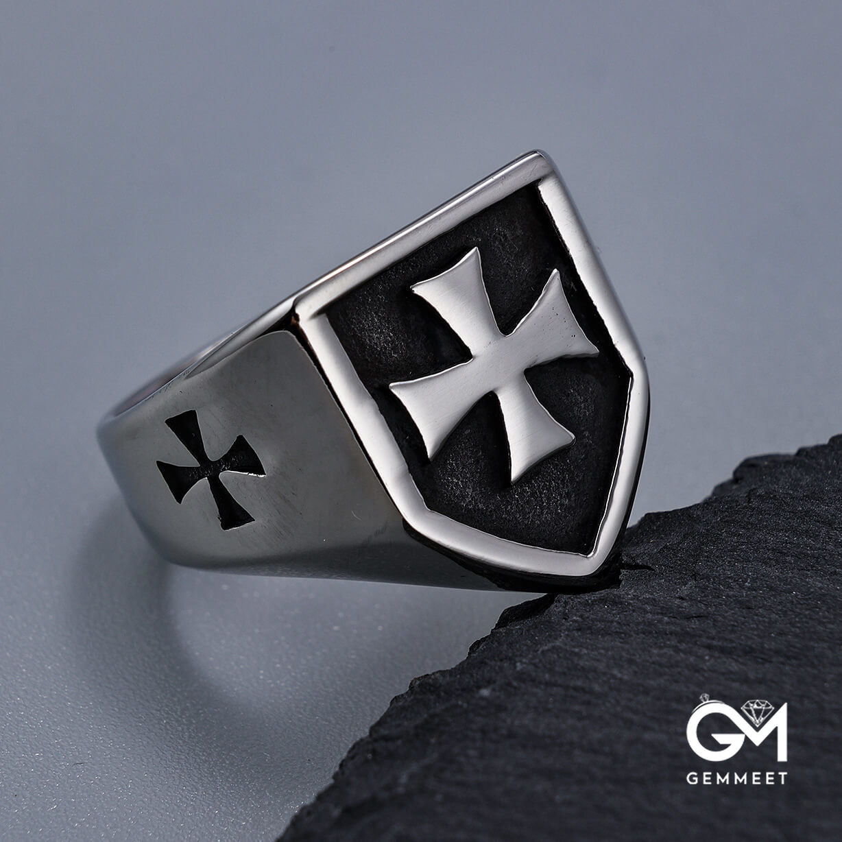 Titanium Steel Cross Shield Retro Silver Ring