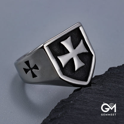 Titanium Steel Cross Shield Retro Silver Ring