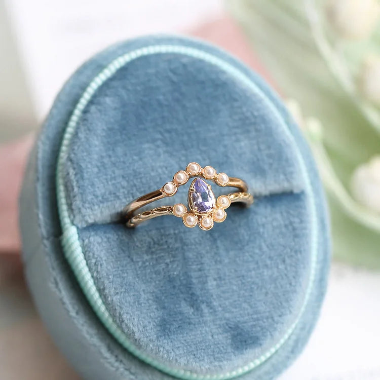 S925 Sapphire Pearl Teardrop Double Layer Ring