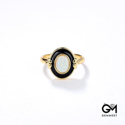 Dainty Opal Black Epoxy Vintage Ring