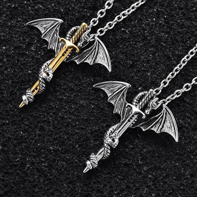 Classic Vintage Warrior Dragon Sword Necklace