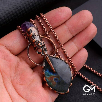 Copper Hummingbird Head Amethyst Labradorite Gemstone Necklace