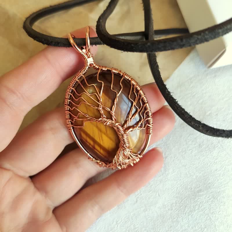 Oval Tiger Eye Tree Of Life Gemstone Necklace