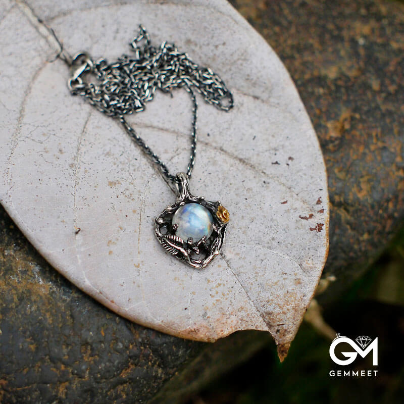 Vintage Tree & Rose Hollow Moonstone Pendant Necklace