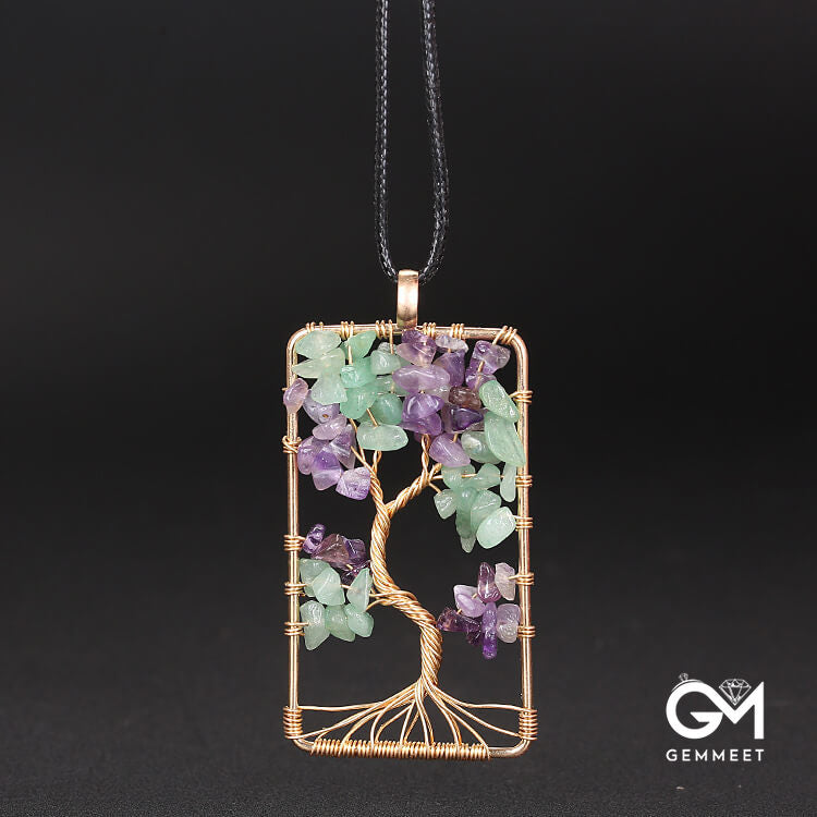 Rectangular Wrapped Tree of Life Crystal Necklace