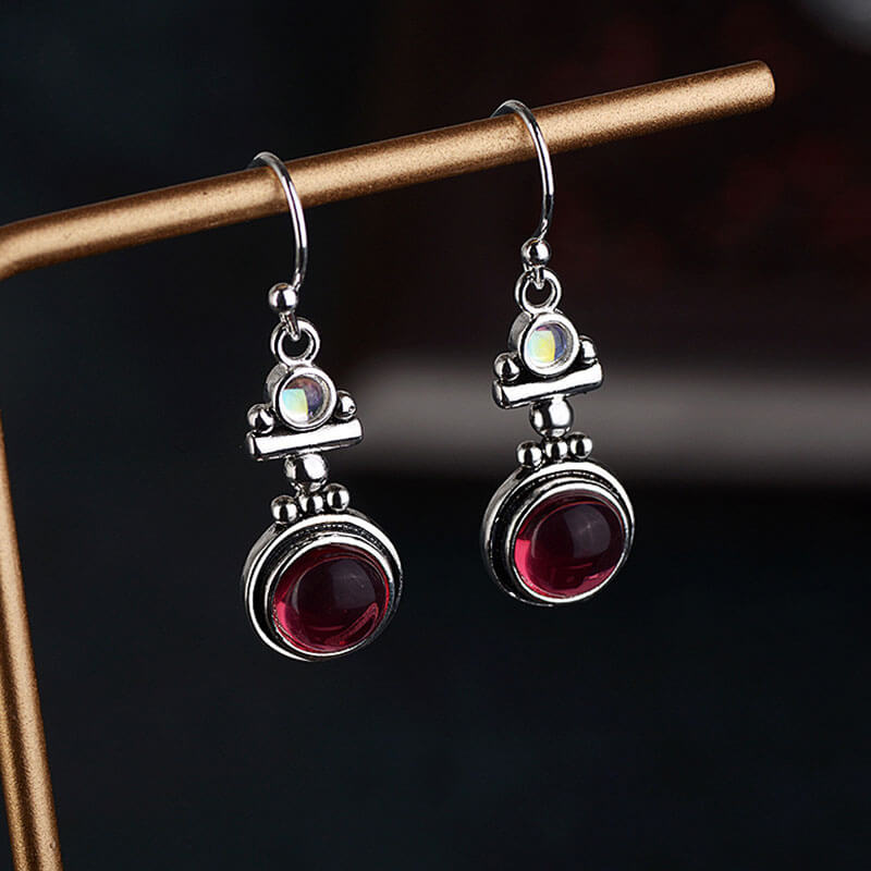 Retro Moonstone & Ruby Dangle Earrings