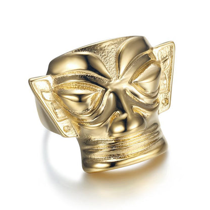 East Sanxingdui Head Gold Mask Retro Men's Ring