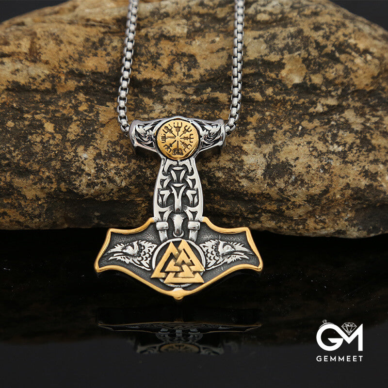 Viking Thor Hammer Titanium Steel Triangle Rune Necklace