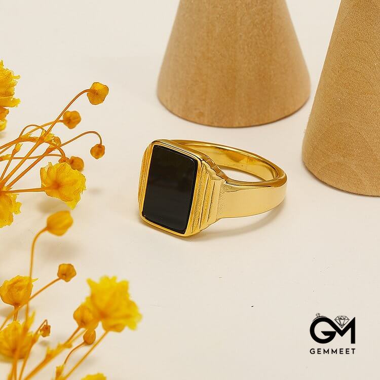 Retro Striped Square Obsidian Titanium Steel Ring