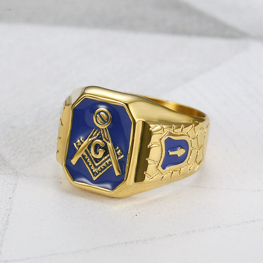 HIPHOP Jewelry Titanium Steel Gold-plated Blue Glue Masonic AG Men's Ring