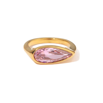 Stylish Stainless Steel Oval Pink Zircon Ring