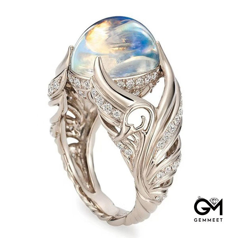 Hollow White Swan Colorful Moonstone Ring