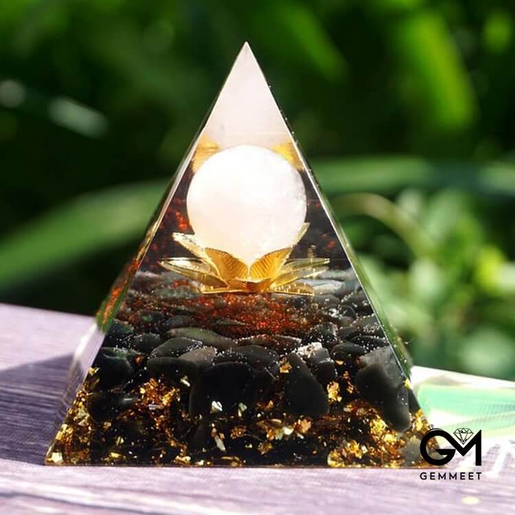 Clear Quartz Obsidian Lotus Symbol Orgone Pyramid