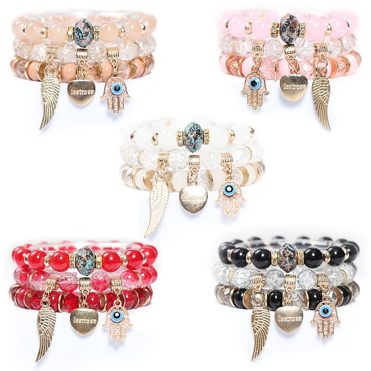 Evil Eye Hamsa Triple Beaded Bracelet Set