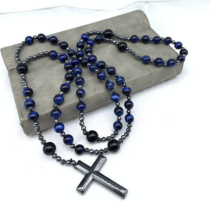 Tiger Eye Lapis Lazuli Cross Men Rosary Necklace