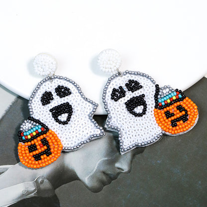 Halloween Cute Spooky Pumpkin Head Hand-Sewn Rice Bead Earrings