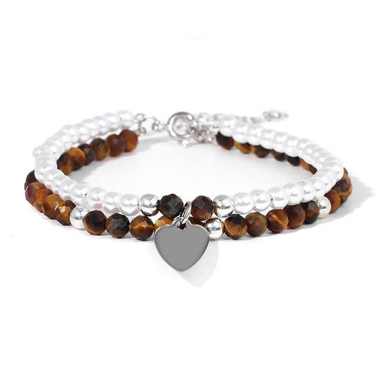 Faceted Stone Pearl Heart Charm Double Layer Bracelet