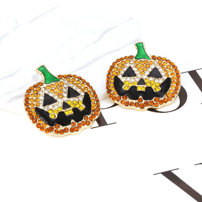 Halloween Stud Earrings Retro Funny Alloy Drip Oil Inlaid Zircon Pumpkin Earrings