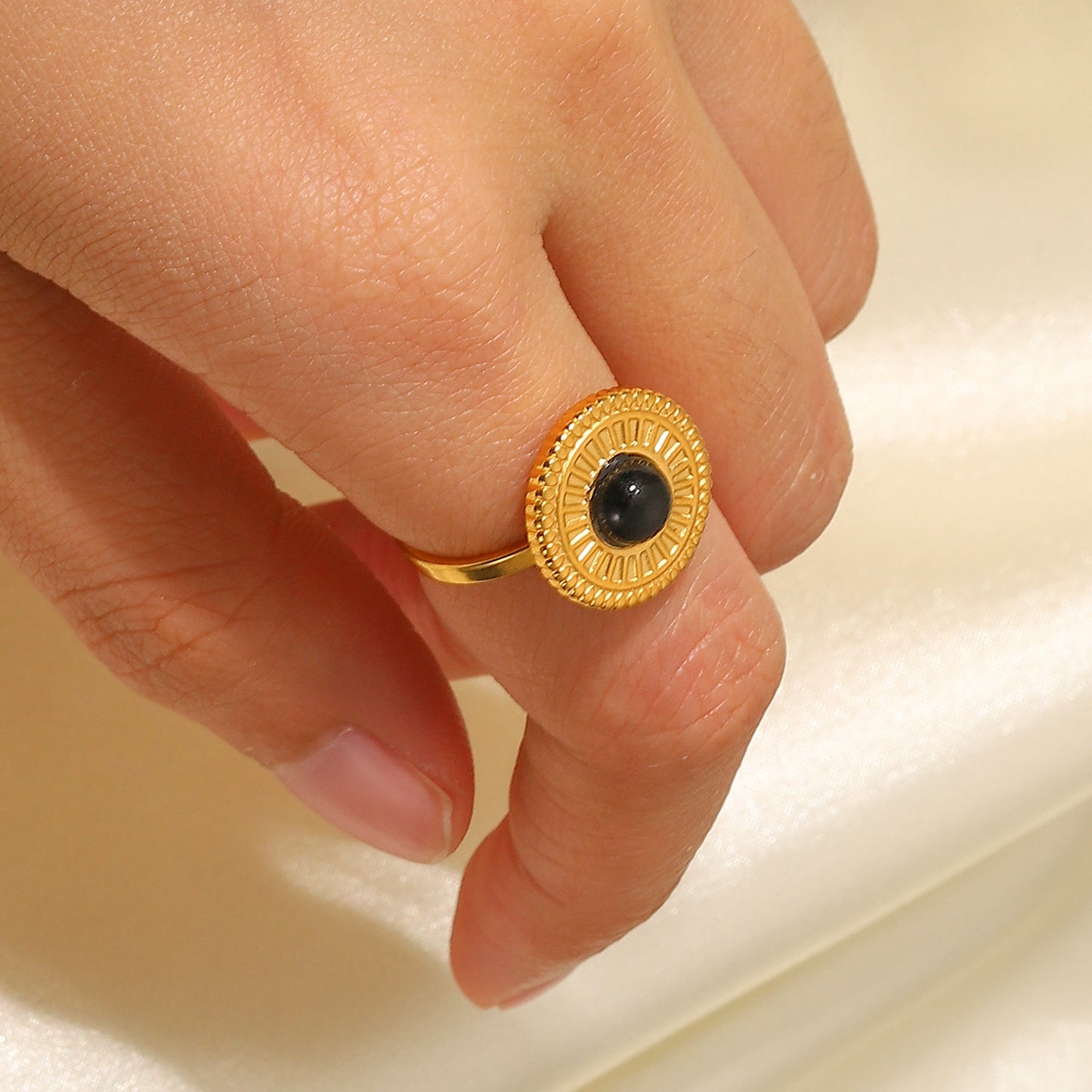 French Vintage Natural Stone Halo Disc Signet Ring