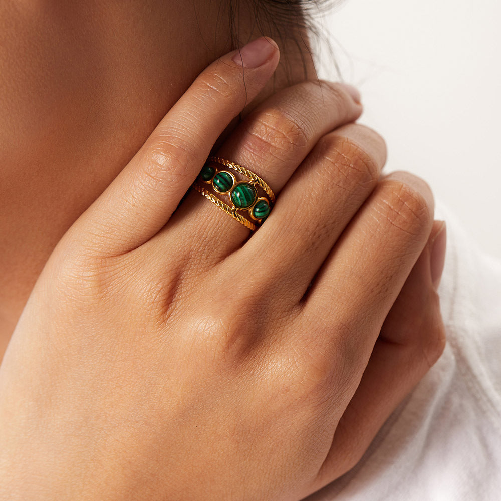 French Vintage Natural Stone 5 Malachite Hollow Ring