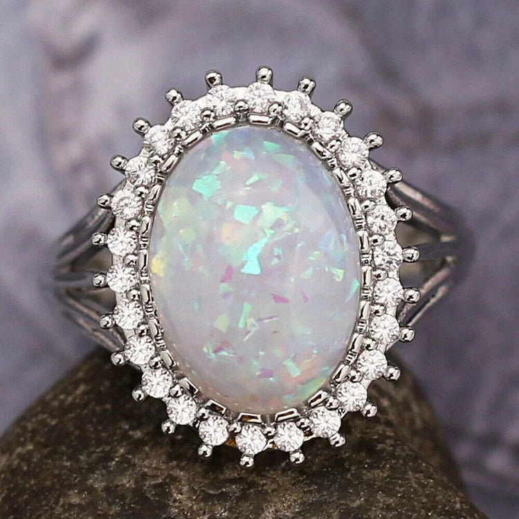 Oval White Opal Wedding Ring