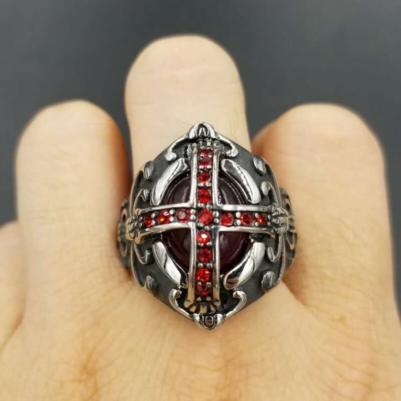 Gothic Ruby Cross and Diamond Ring for Men