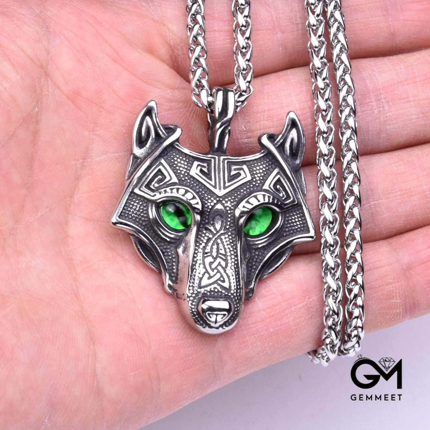 Stainless Steel Wolf Head Green Zircon Eye Necklace