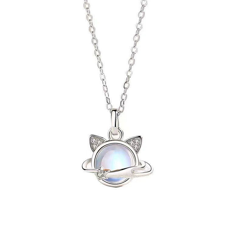 Planet Cat Moonstone Pendant Necklace