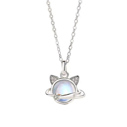 Planet Cat Moonstone Pendant Necklace