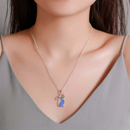 Cute Cat Silver Plated Opal Necklace