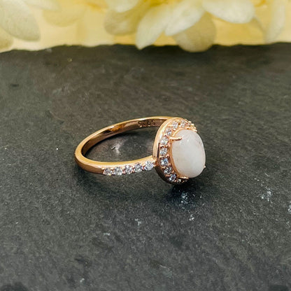 Oval Cut Rose Golden Moonstone Halo Ring