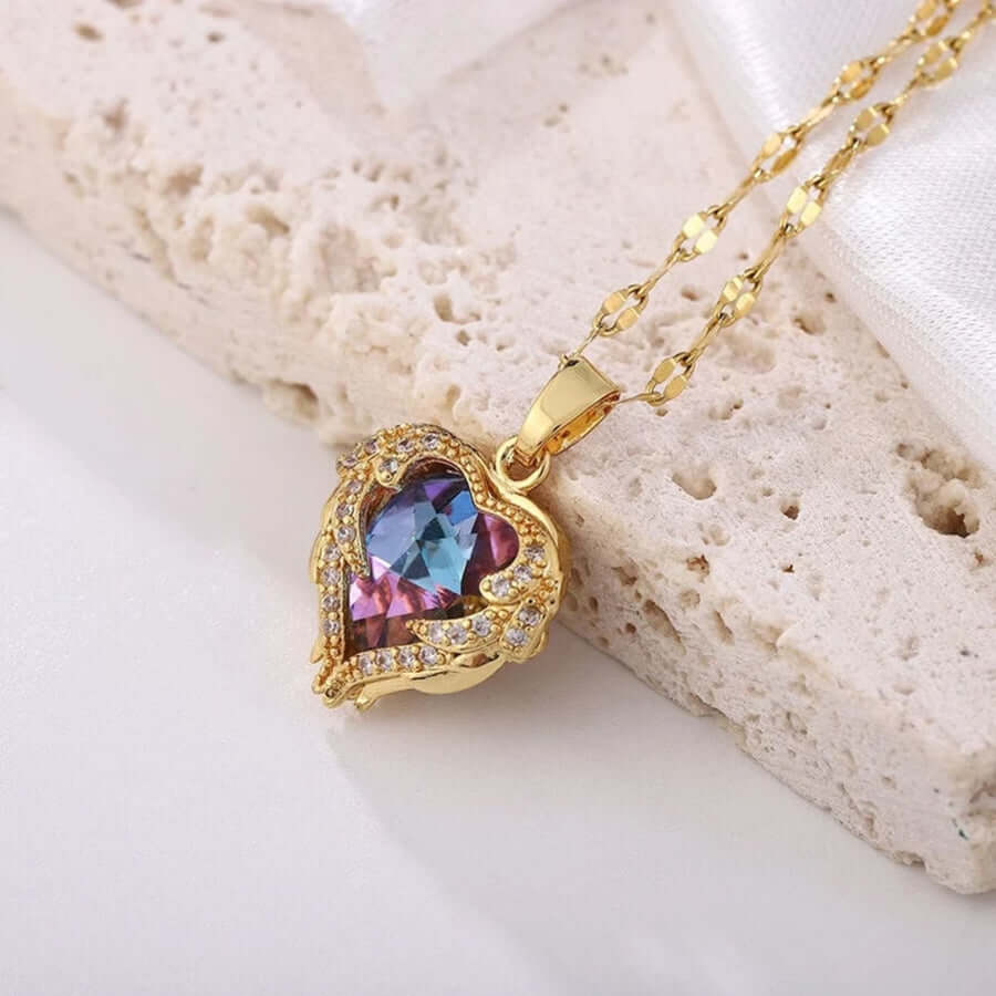 "Angel's Wings Protection" Colorful Crystal Heart Shaped Necklace